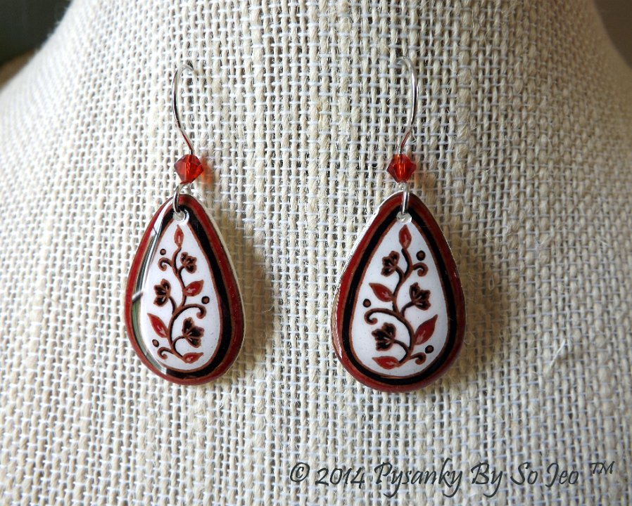 Red  and White Spring Vines Teardrop Earrings and Matching Necklace Pysanky Jewelry by So Jeo